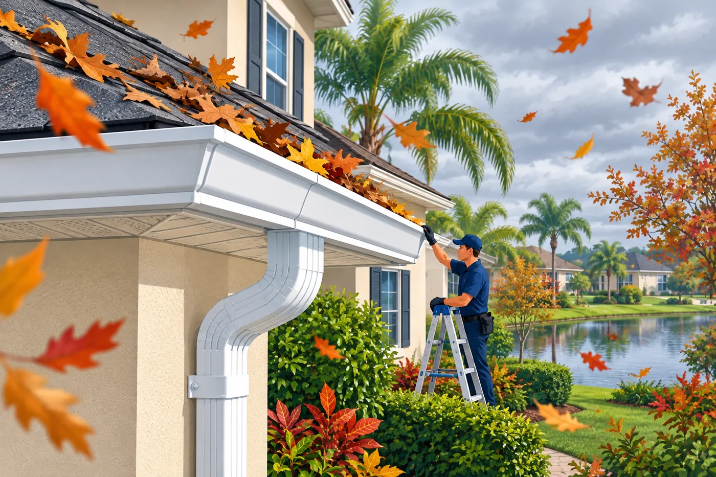 Illustration: gutters and a downspout at a Ocoee-area home in Florida weather