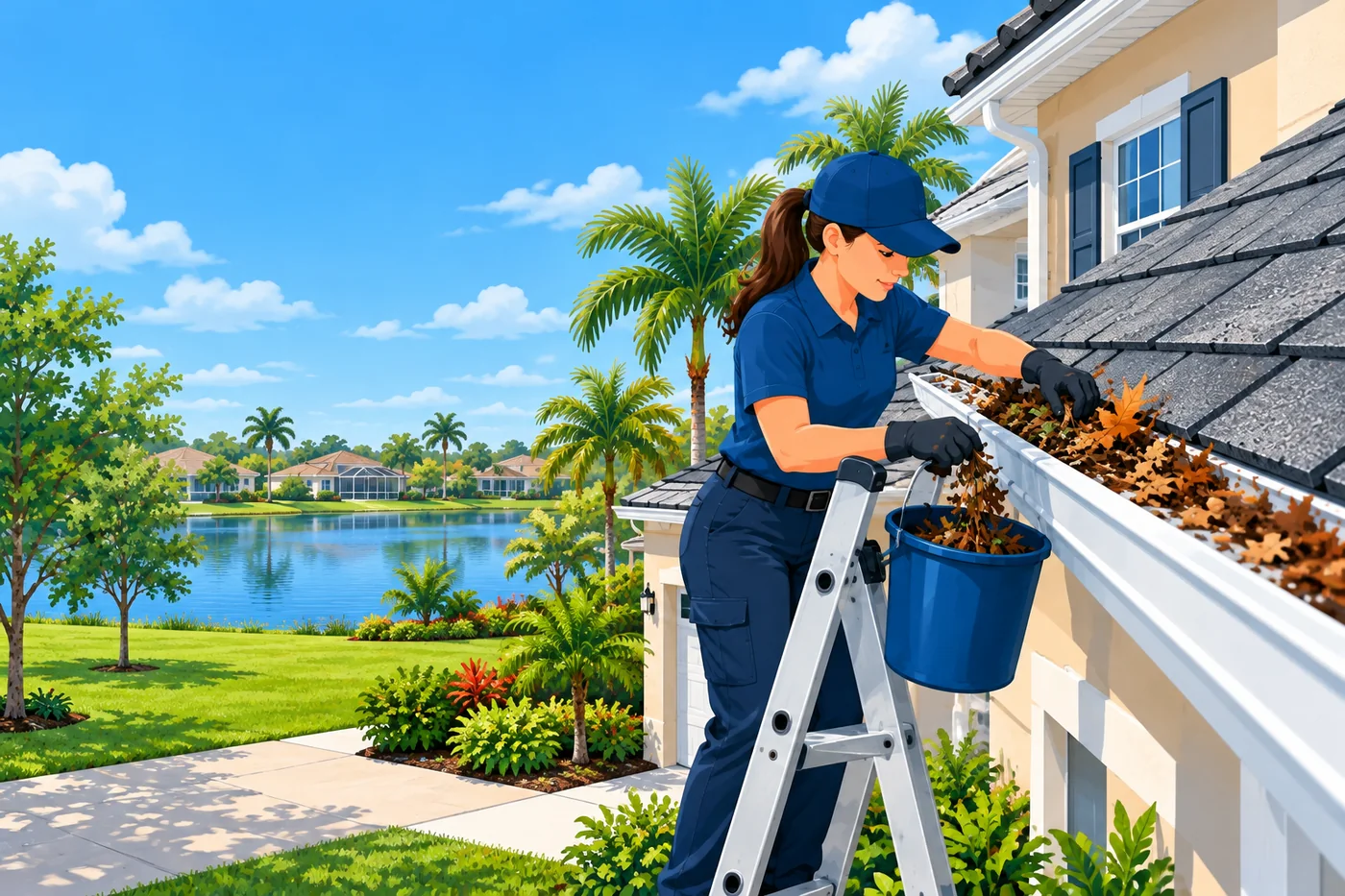 Illustration: gutter cleaning at a home in the Ocoee area of Florida